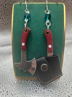 Handmade Witch B*tch Real Mini Ax and Blue/Green Glass Bead Earrings